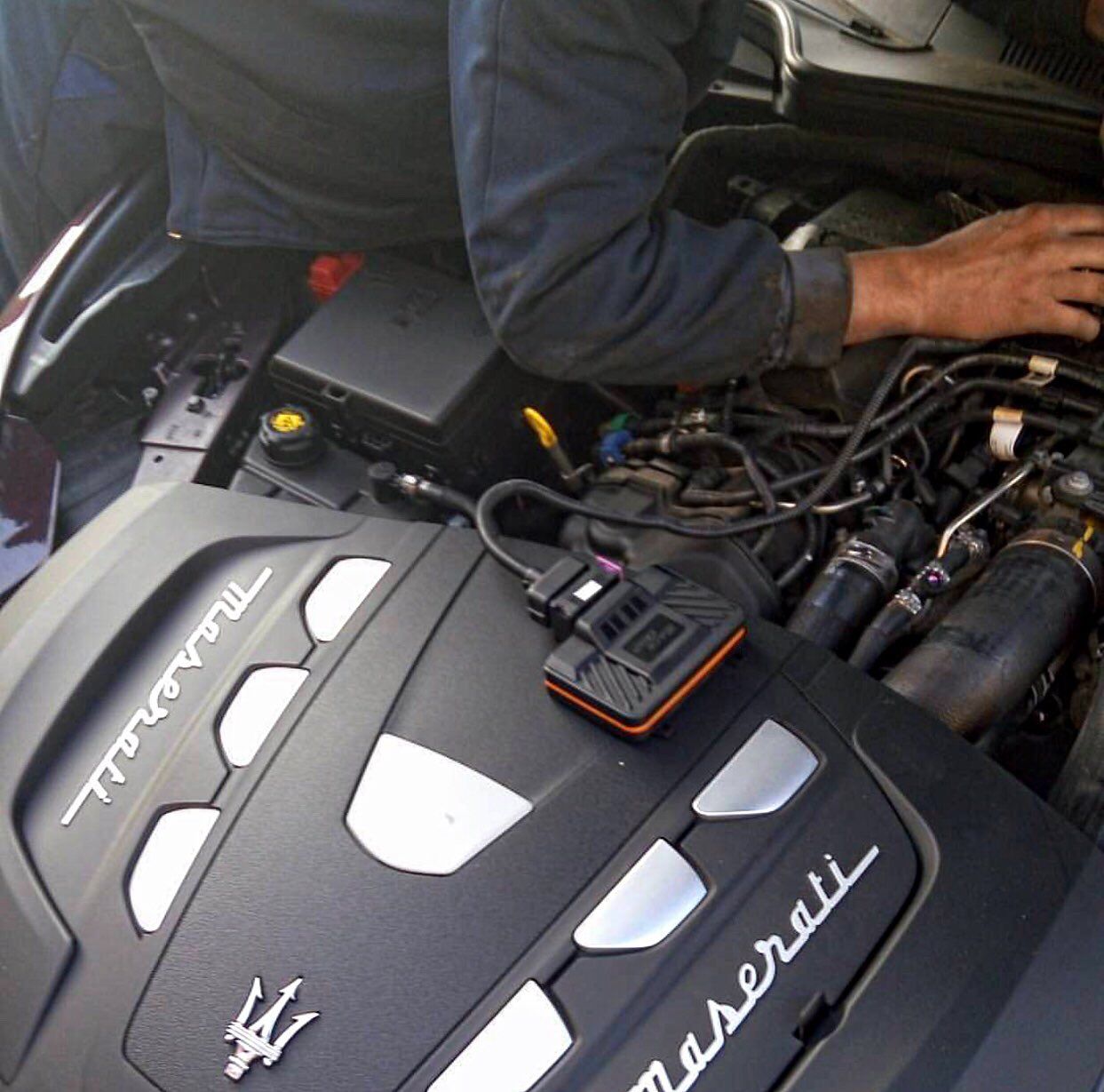 expert technician inspecting car engine